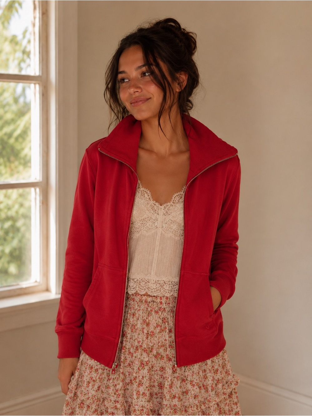 Free people movement baseline zip up jacket bright pink/orange size XS
